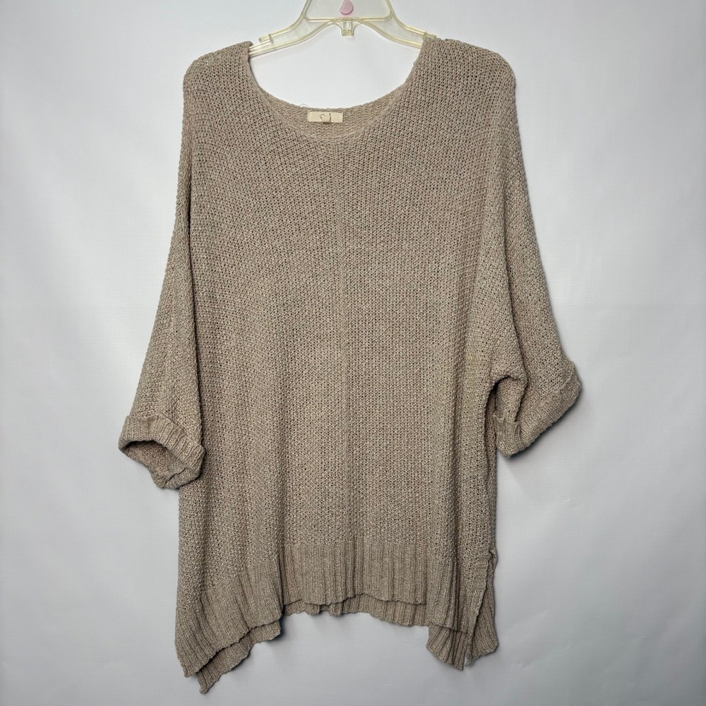 Easel Womens Plus 1X Beige Open Knit Oversized Sweater 3/4 Sleeve Scoop Neck